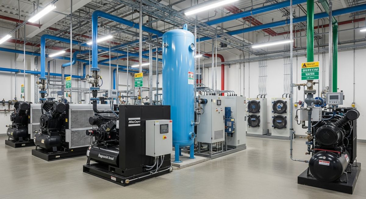 Modern industrial compressed air system installation with rotary screw compressors and receiver tanks in a clean facility.