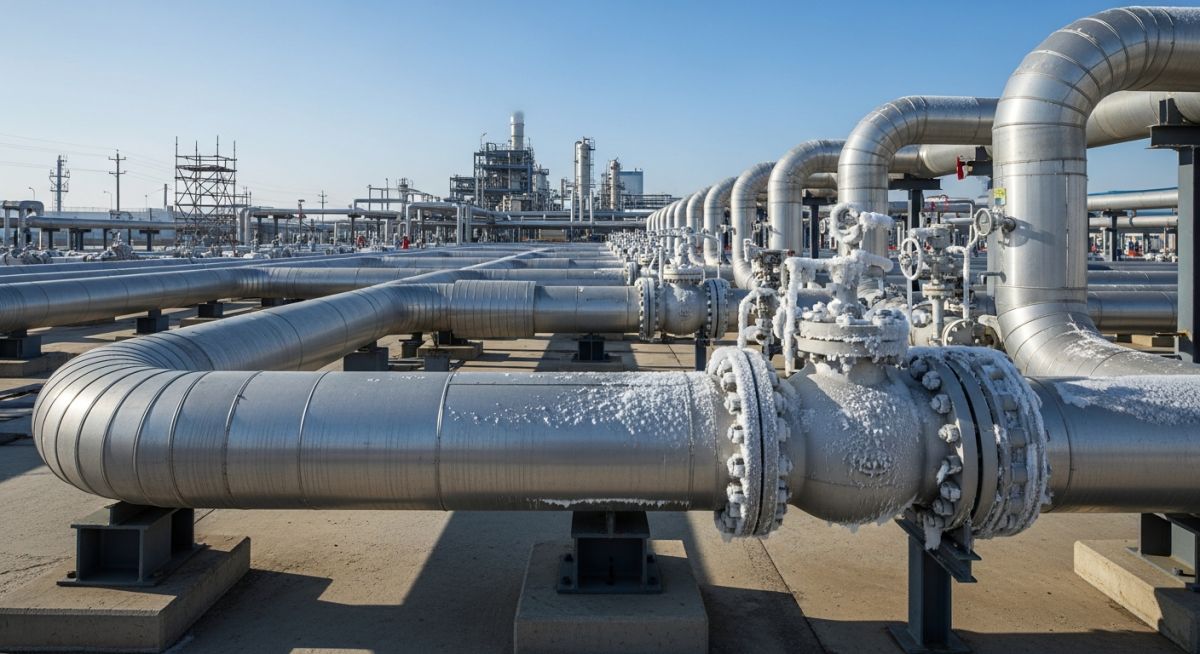 Insulated cryogenic piping system with specialized pipe supports at an industrial LNG facility