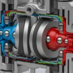 Cutaway 3D render of an industrial air-operated double-diaphragm pump showing internal components.