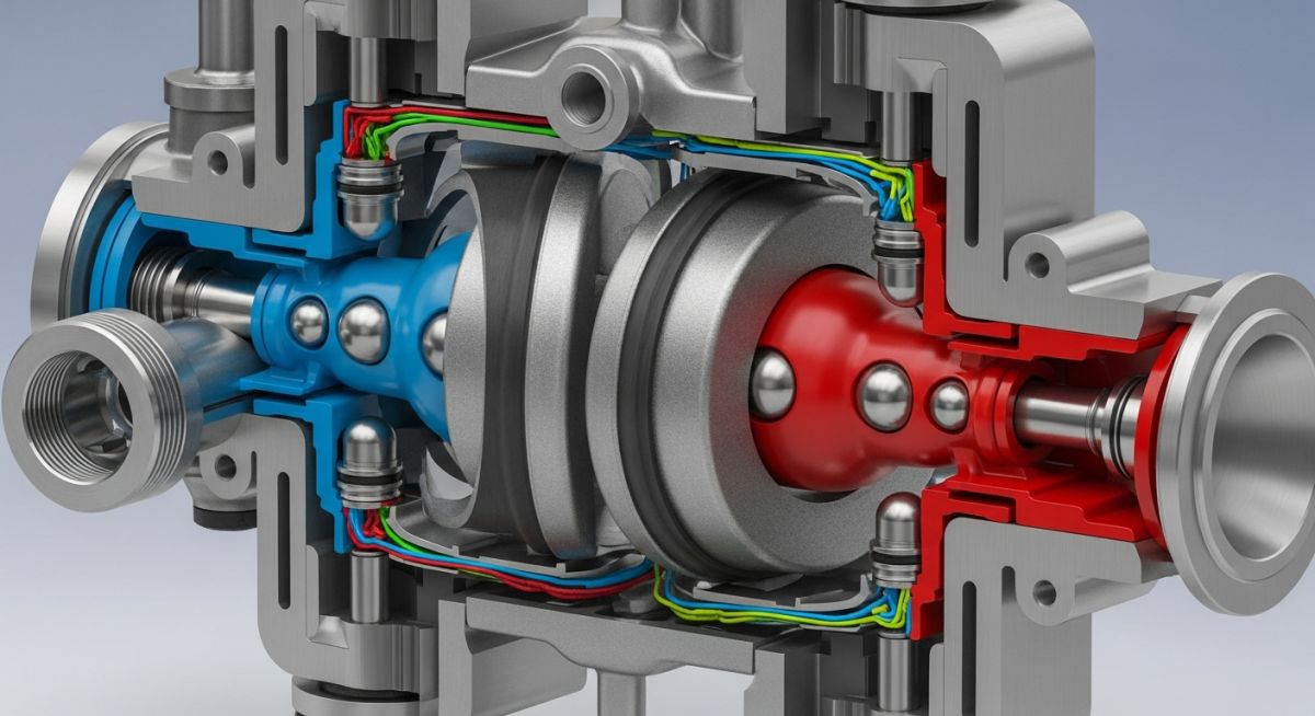 Cutaway 3D render of an industrial air-operated double-diaphragm pump showing internal components.