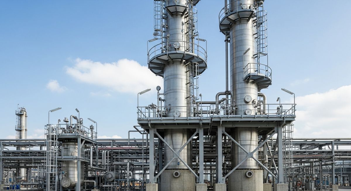 Tall industrial distillation column tower at a chemical processing plant