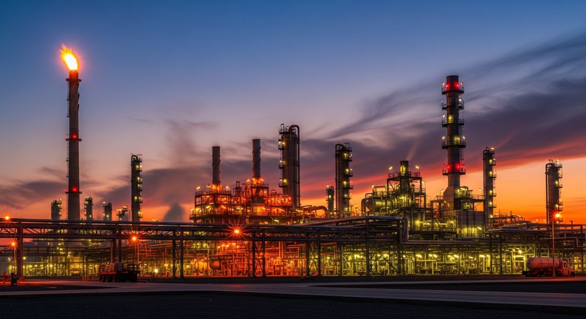 Industrial flare system stack operating at a petrochemical refinery during sunset.