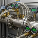Industrial high-pressure testing setup for steel pipes with digital gauges.