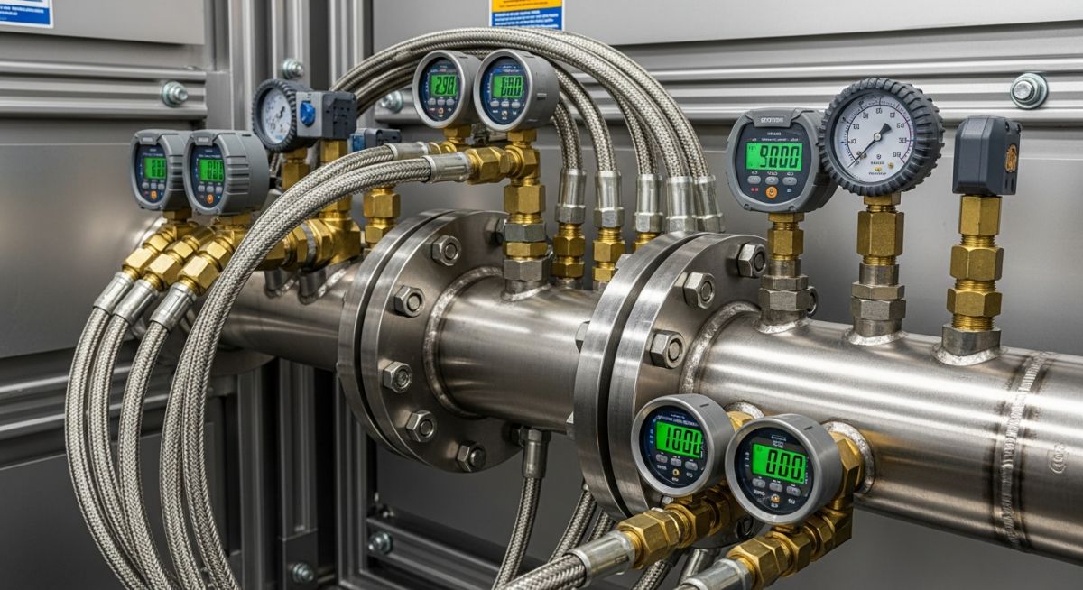 Industrial high-pressure testing setup for steel pipes with digital gauges.