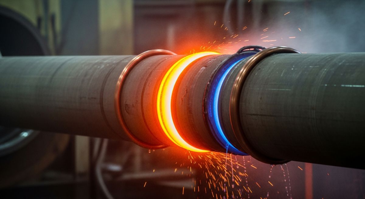 Industrial induction bending process showing a steel pipe heated by an induction coil with a glowing red band.