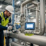 Industrial inspector performing ultrasonic piping inspection on stainless steel pipes.