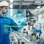 A maintenance engineer inspecting industrial machinery with a digital diagnostic overlay.