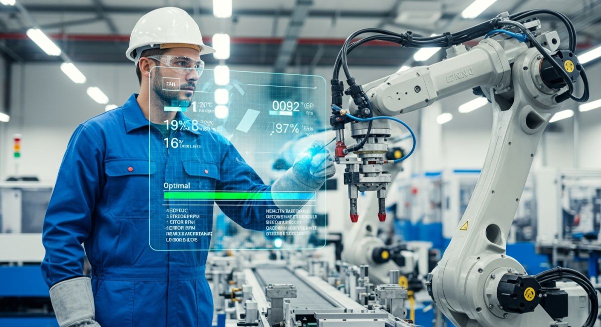 A maintenance engineer inspecting industrial machinery with a digital diagnostic overlay.