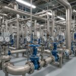 Industrial metallic piping network with stainless steel pipes and valves in a processing plant.