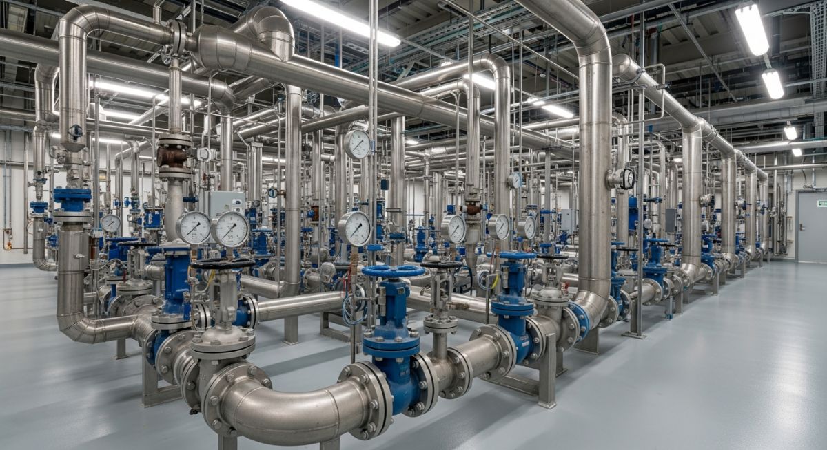 Industrial metallic piping network with stainless steel pipes and valves in a processing plant.