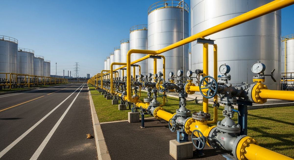 Industrial storage tanks equipped with nitrogen blanketing systems at a chemical processing facility.