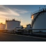 Large cylindrical aboveground petroleum storage tanks at an industrial refinery tank farm.
