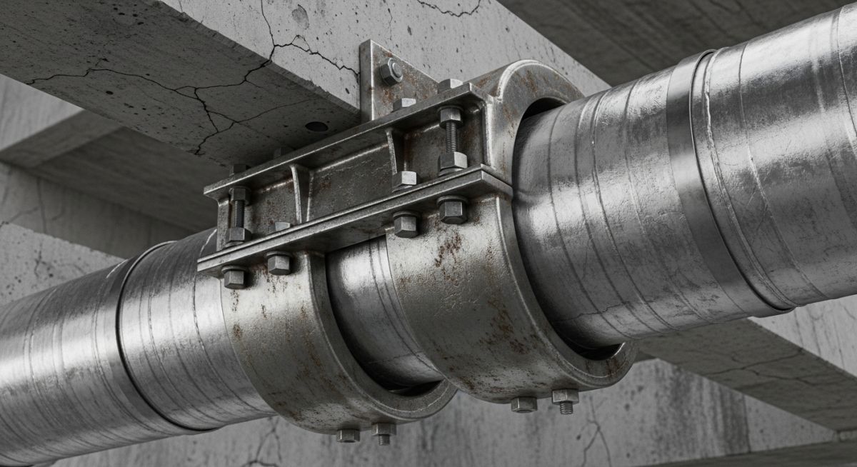 Heavy-duty steel pipe saddle supporting an insulated industrial pipeline