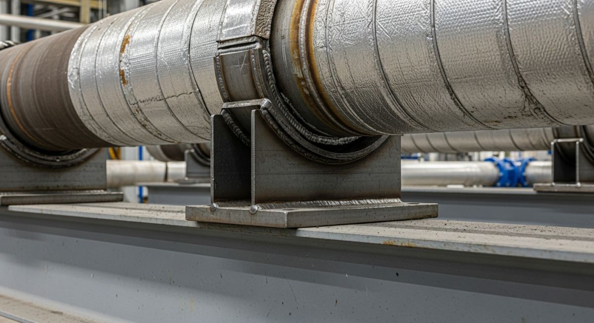 Industrial pipe shoe welded to an insulated pipeline resting on a steel support beam.