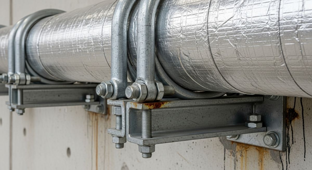Heavy-duty steel pipe support brackets securing insulated piping in an industrial facility.