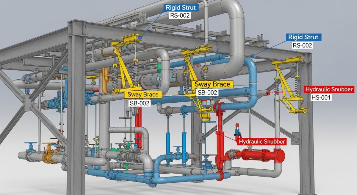 Industrial piping system featuring installed sway braces, rigid struts, and snubbers for structural support.