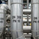 Industrial steel pipes with stamped DN and PN rating markings in a chemical processing plant.