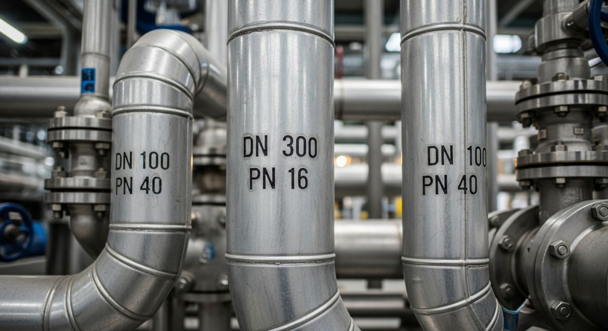 Industrial steel pipes with stamped DN and PN rating markings in a chemical processing plant.