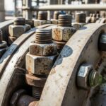Close-up of heavy-duty industrial piping fasteners securing a steel flange joint.