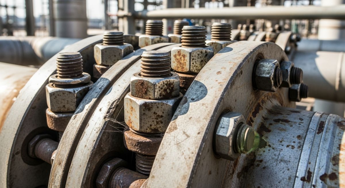 Close-up of heavy-duty industrial piping fasteners securing a steel flange joint.