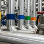 Insulated industrial piping system with metal cladding and color-coded labels in a processing plant.