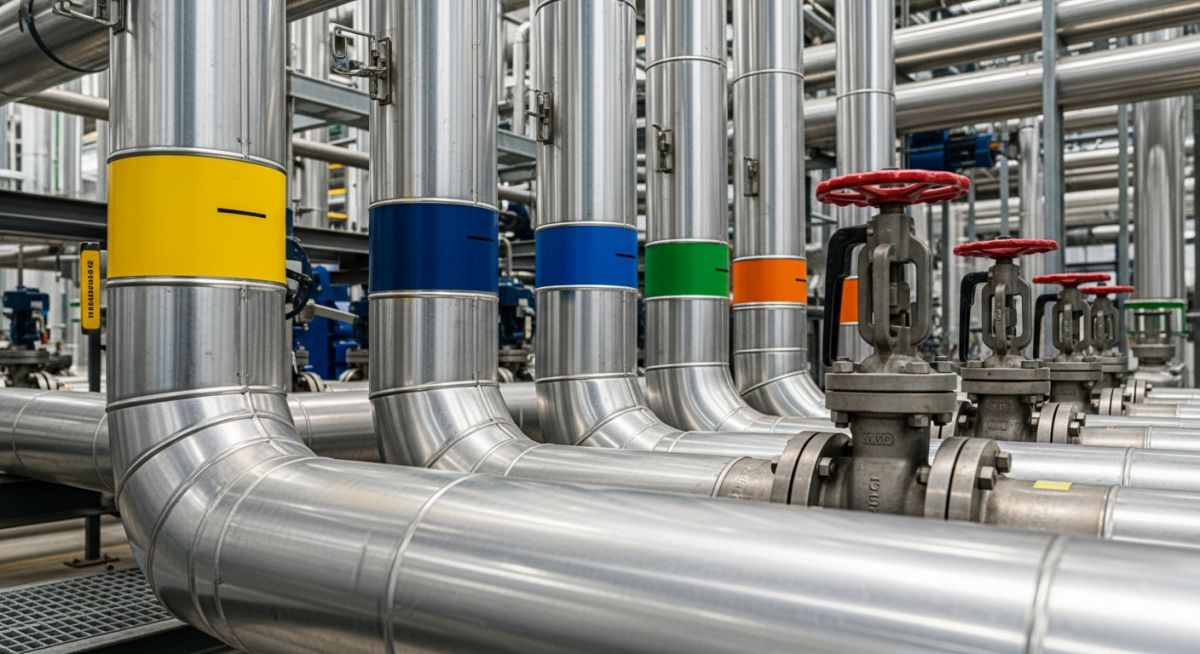 Insulated industrial piping system with metal cladding and color-coded labels in a processing plant.