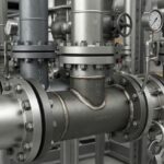 Industrial piping manifold showing different types of pipe joints including flanged and welded connections.