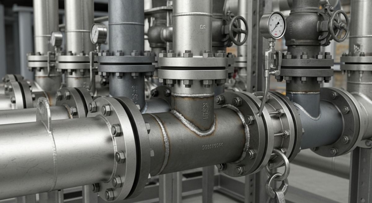 Industrial piping manifold showing different types of pipe joints including flanged and welded connections.