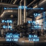 Industrial piping network with digital overlays representing inch-dia and inch-meter engineering calculations.