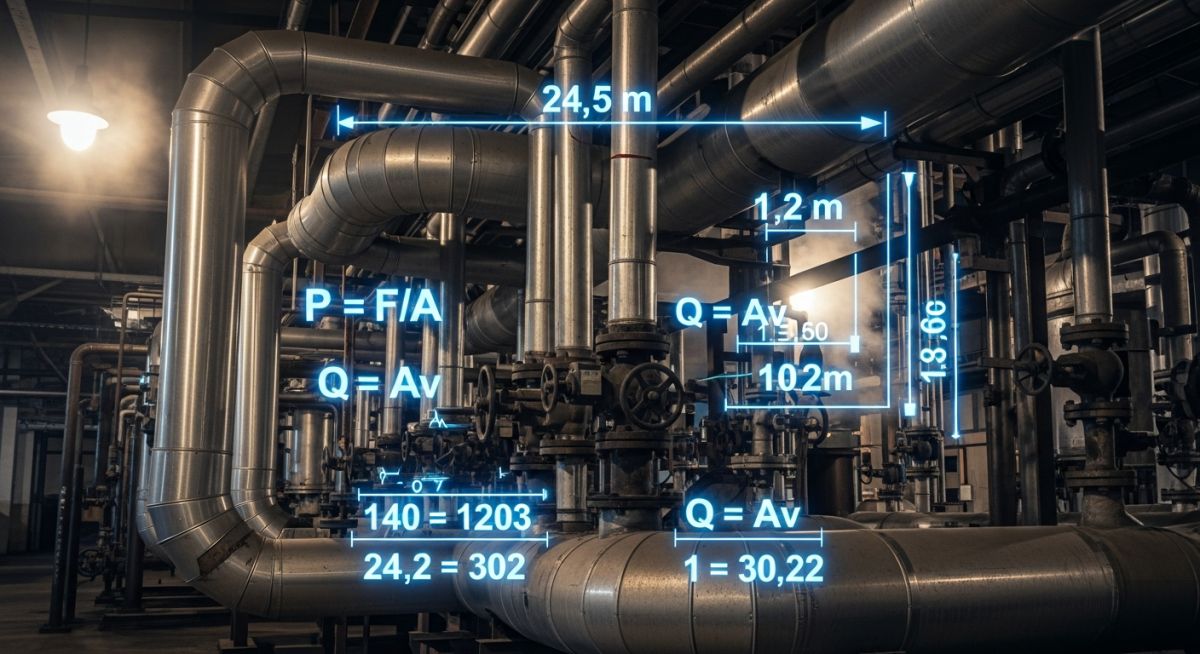 Industrial piping network with digital overlays representing inch-dia and inch-meter engineering calculations.