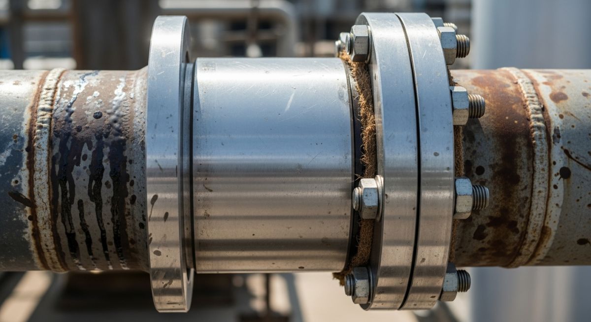 A metallic slip joint installed on an industrial pipeline to handle thermal expansion.