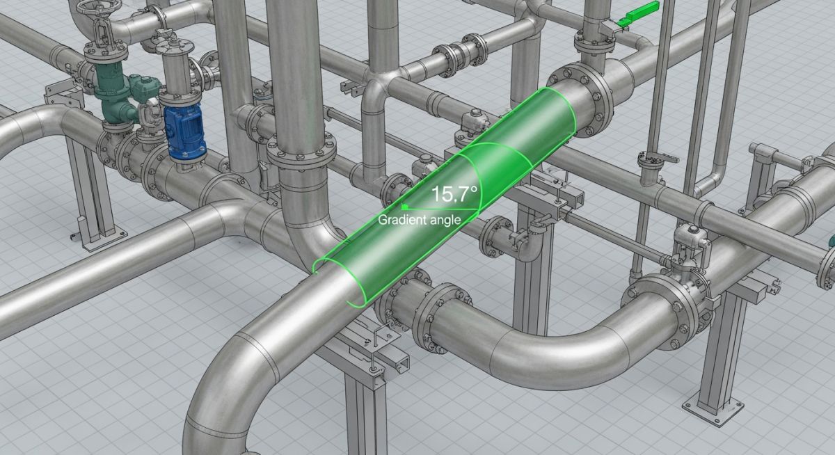 3D CAD rendering of a sloped industrial piping system with gradient angle indicator.
