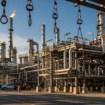 Industrial piping network with structural supports in an oil and gas refinery.