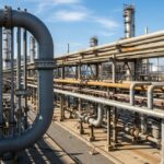 Industrial piping system featuring a large U-shaped pipe expansion loop on an elevated rack.