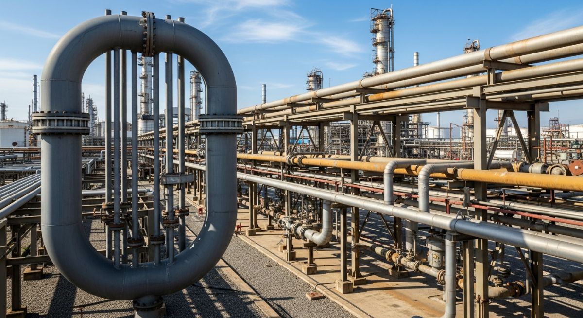 Industrial piping system featuring a large U-shaped pipe expansion loop on an elevated rack.
