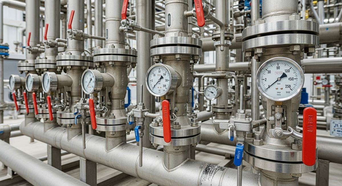 Industrial piping system valves and gauges