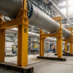 Industrial piping system under construction with yellow temporary pipe supports installed.