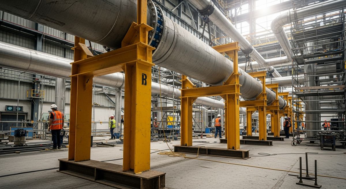 Industrial piping system under construction with yellow temporary pipe supports installed.