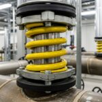 Industrial piping vibration isolator installed on a metal pipe in a mechanical room.