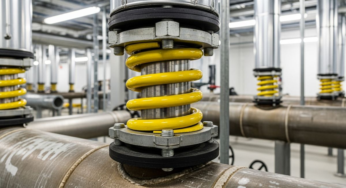 Industrial piping vibration isolator installed on a metal pipe in a mechanical room.