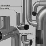 Industrial steel piping system with dimensional callouts for wall thickness calculation.