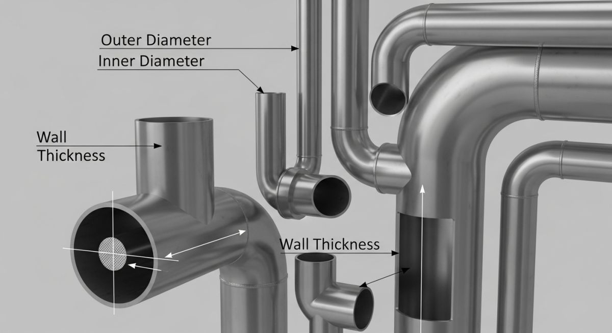 Industrial steel piping system with dimensional callouts for wall thickness calculation.