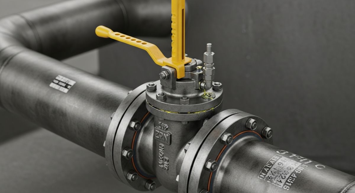 A 3D render of an industrial plug valve installed on a pipeline.