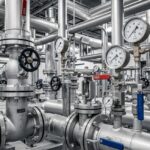 Industrial power plant piping system with high-pressure steam valves and gauges representing IBR and ASME B31.1 standards.