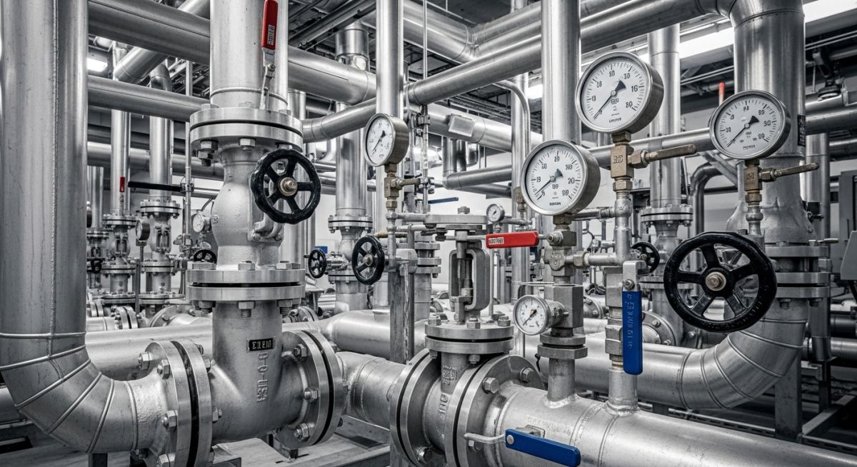 Industrial power plant piping system with high-pressure steam valves and gauges representing IBR and ASME B31.1 standards.