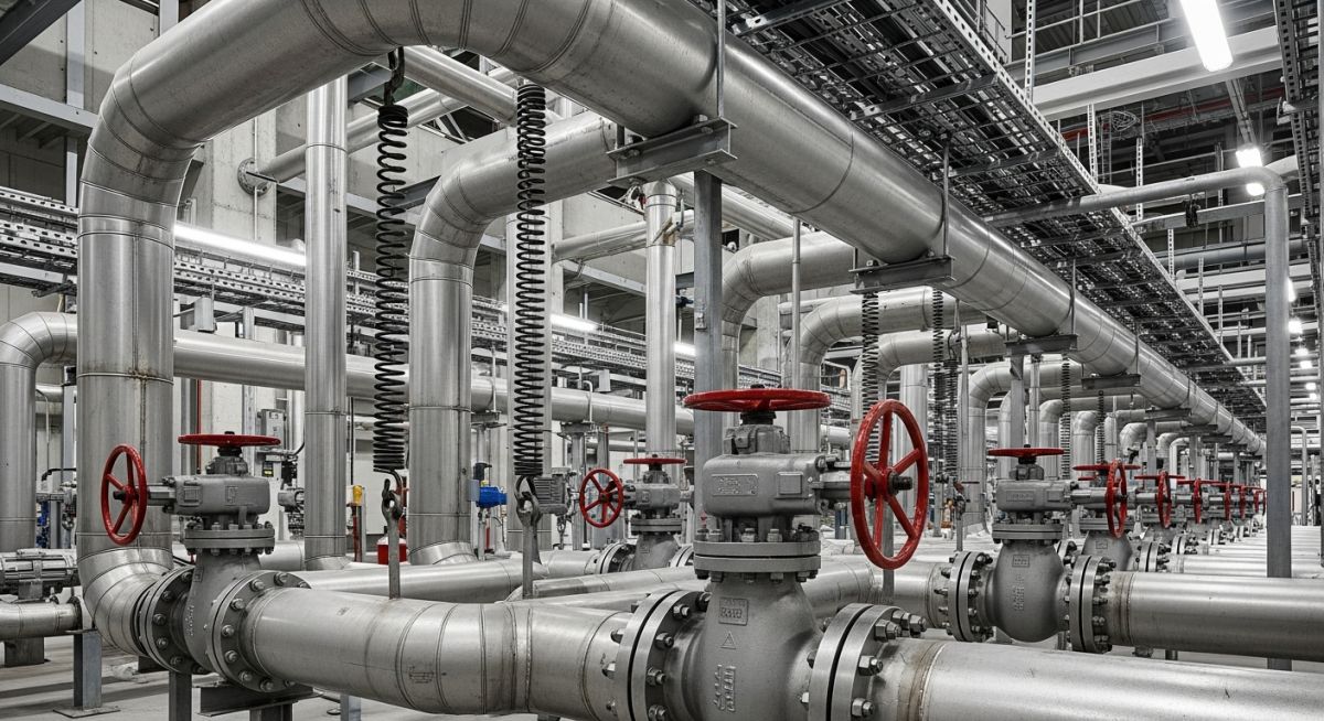 High-pressure power piping system with valves and supports in an industrial power plant.