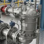 Industrial pulsation dampener installed on a reciprocating pump piping system