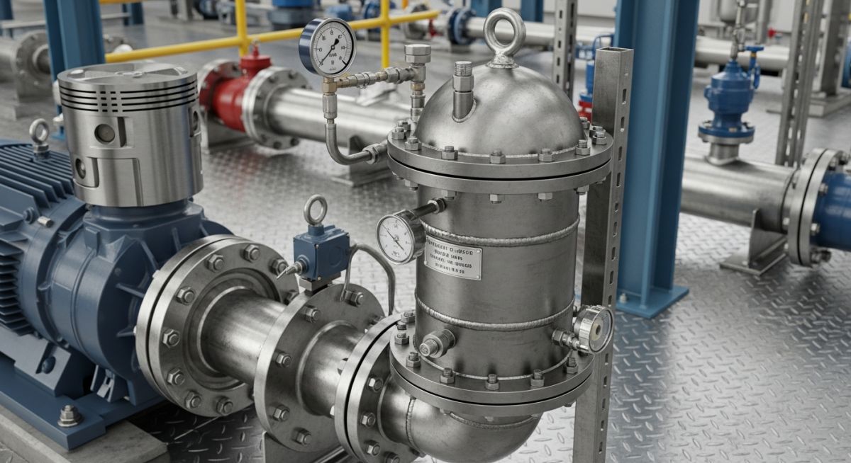 Industrial pulsation dampener installed on a reciprocating pump piping system