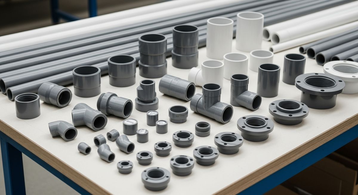 Industrial PVC piping and fittings arranged on a workbench