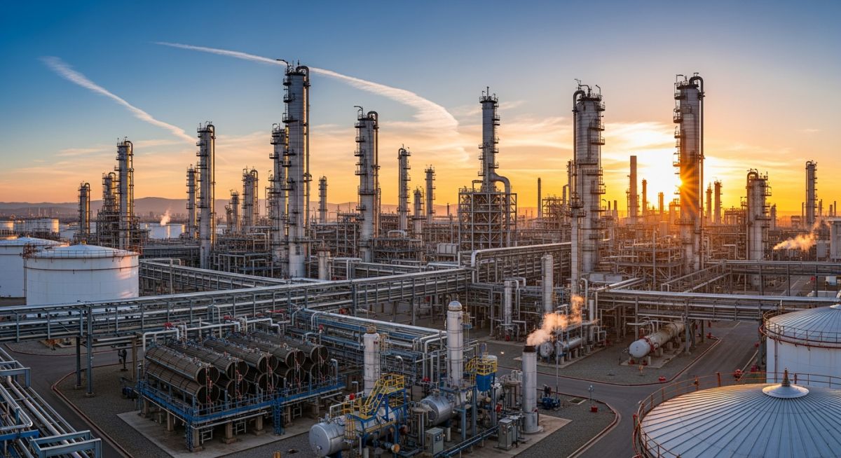 Industrial refinery plant showing various types of static equipment